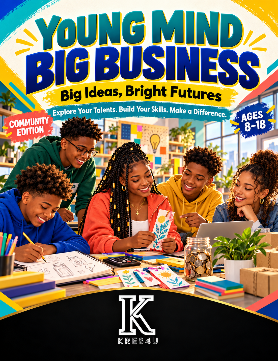 Young Mind Big Business — Big Ideas, Bright Futures. Community Edition, ages 8–18. Young people creating business ideas together. KRE84U.
